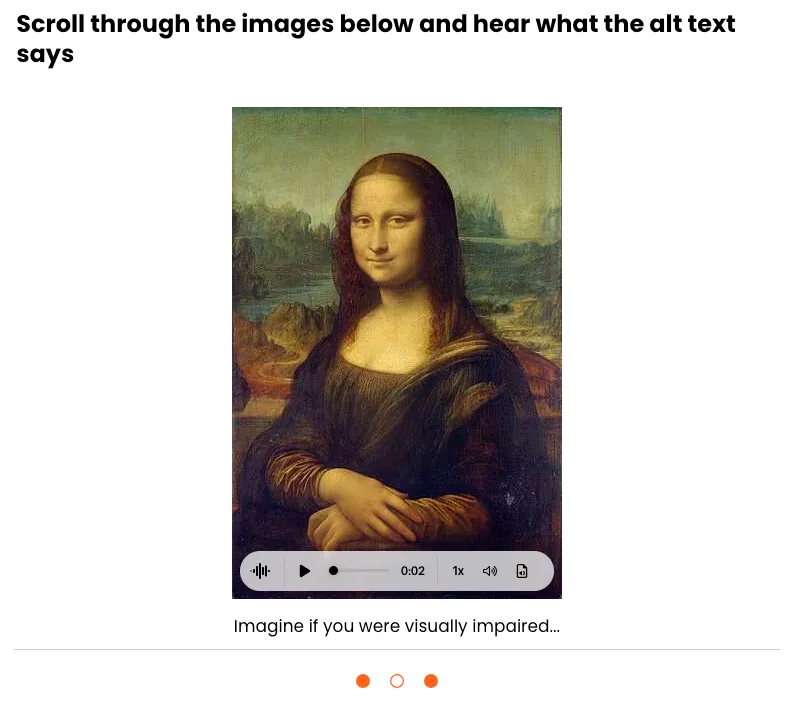 Articulate Rise lesson showing the Mona Lisa alongside an audio player. The instruction reads: scroll through the images below and hear what the alt text says.