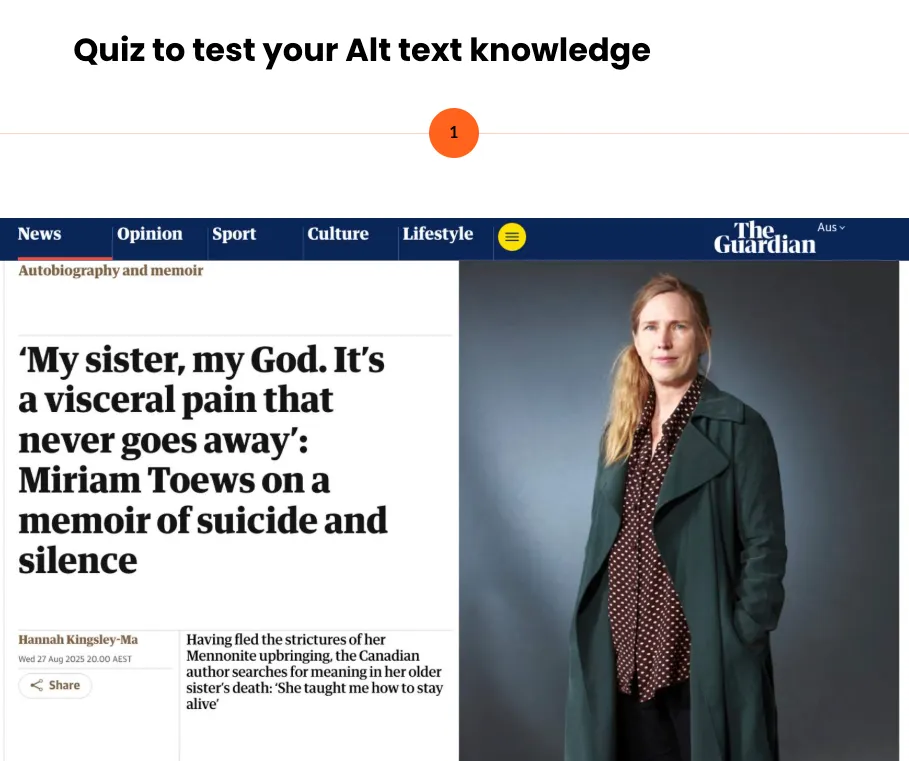 Articulate Rise alt text quiz showing a Guardian newspaper article screenshot and asking learners to identify the best alt text for the image.