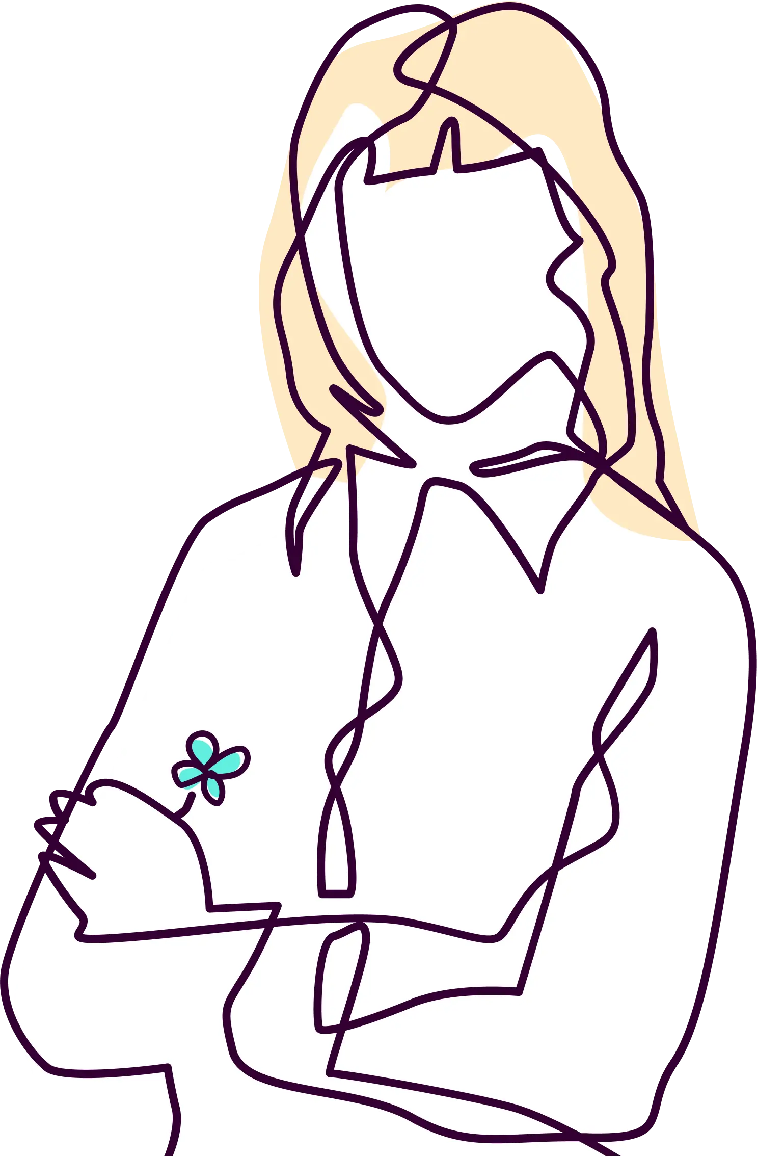 One-line self-portrait illustration by Lisa, arms crossed, holding a four-leaf clover