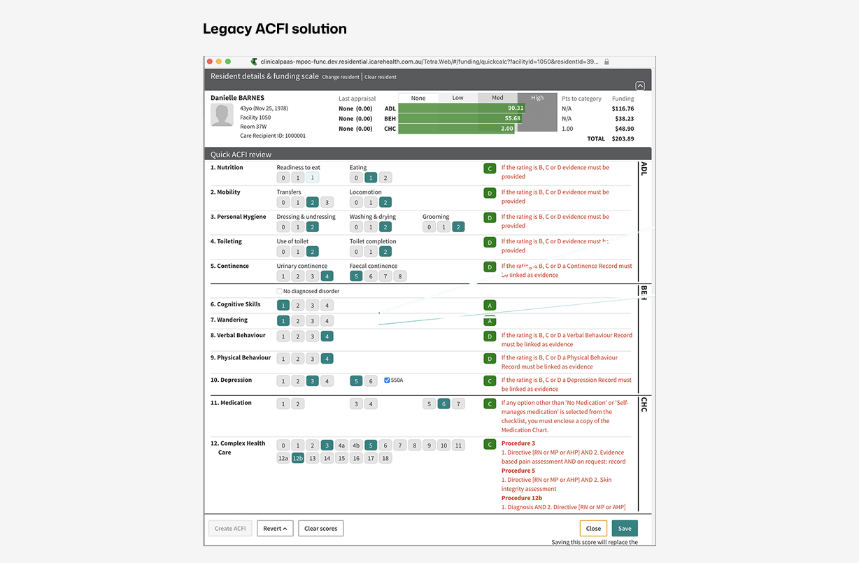 ACFI calculator showing calculator-led workflows