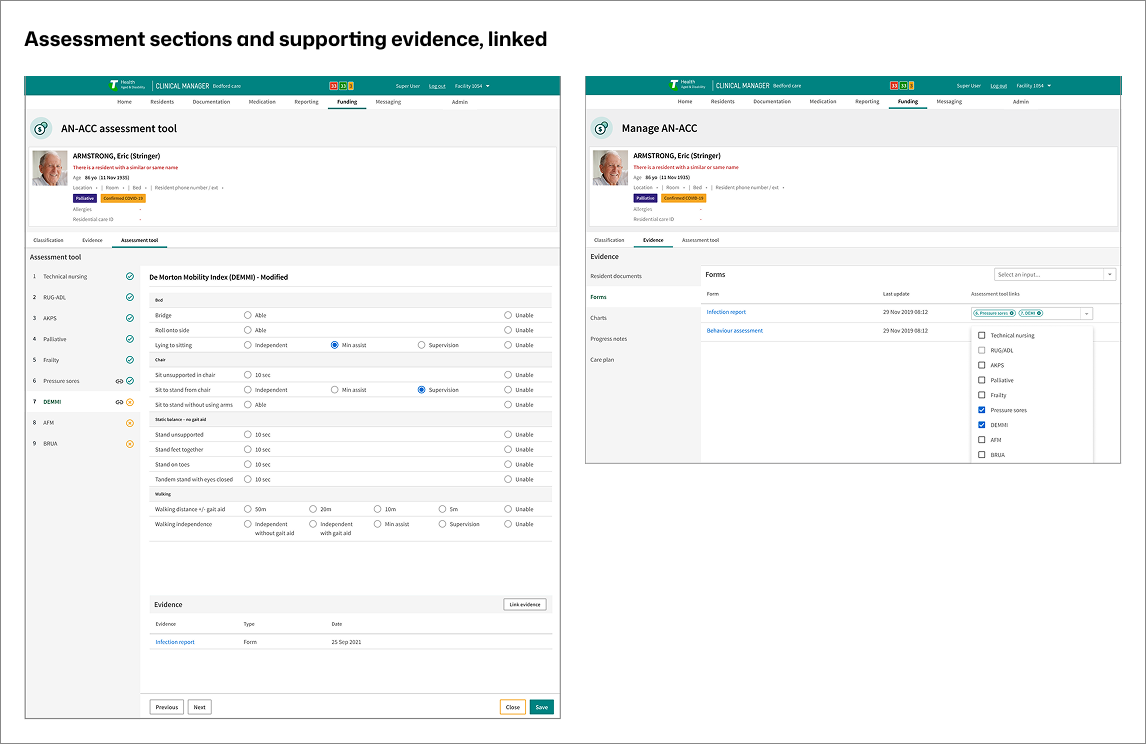 Screenshots showing resident AN-ACC assessment with evidence linking interface