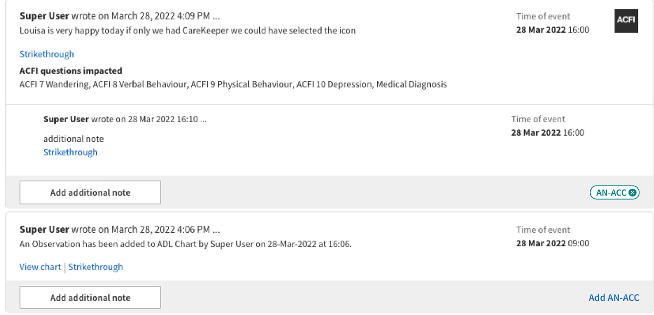 Editable progress notes linked to ACFI questions and AN-ACC categories