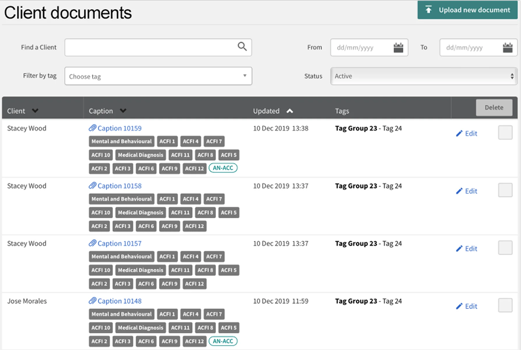 Client documents list filterable by AN-ACC and ACFI tags